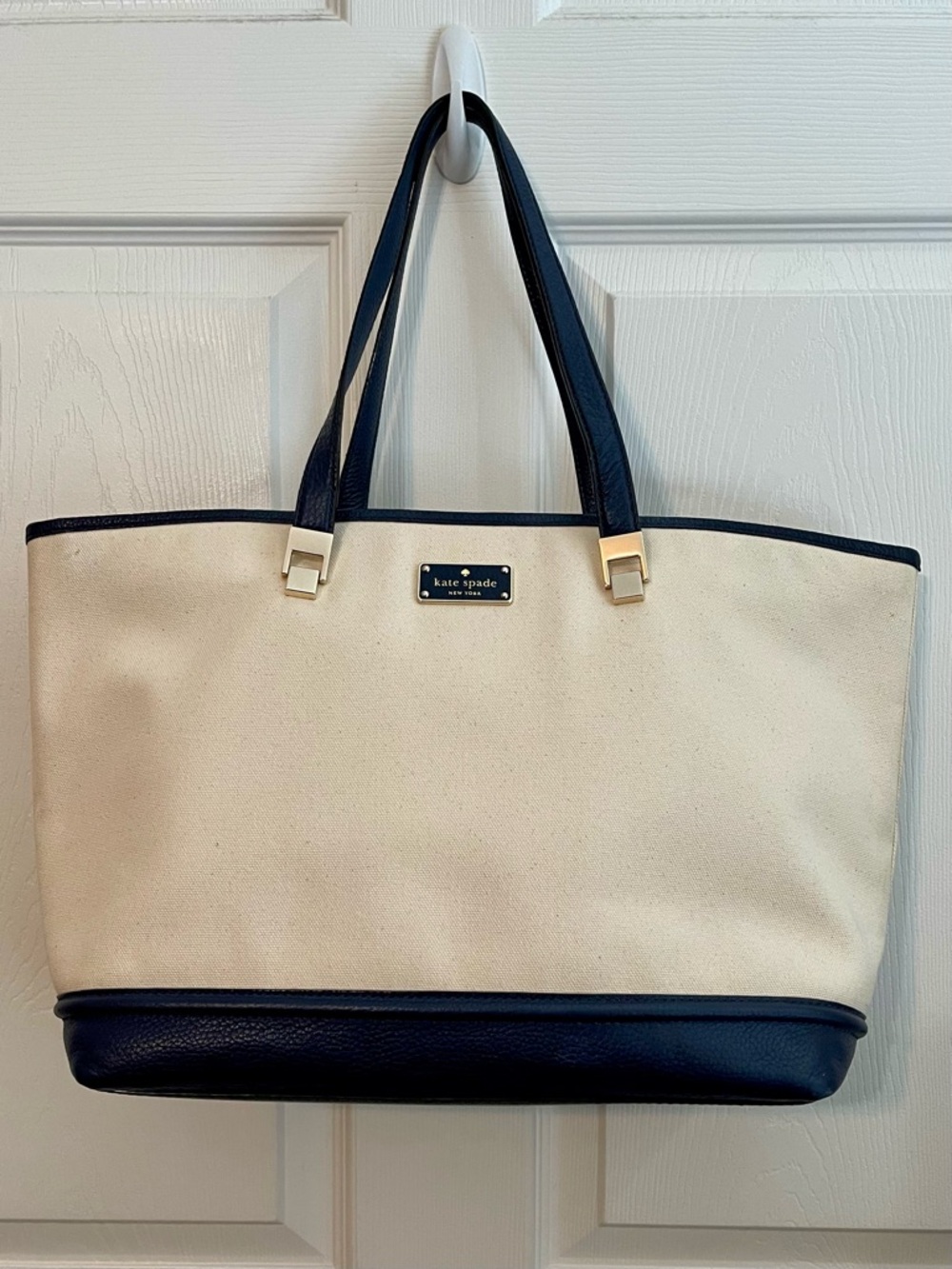 KATE SPADE Cream Canvas Tote w Navy Leather Trim and Handles Gold Tone Hardware